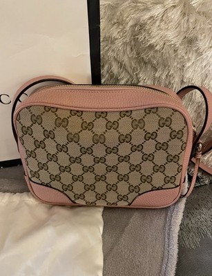 gucci crossover bag pink monogram logo accent gold hardware dust bag women