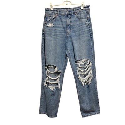 American Eagle High Rise Baggy Straight Jeans Distressed Ripped High Rise Blue