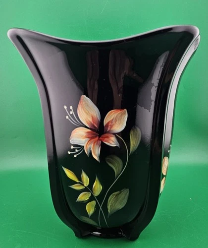 Fenton Black Art Glass Square Shaped Vase Hand-painted Flowers By S. Waters