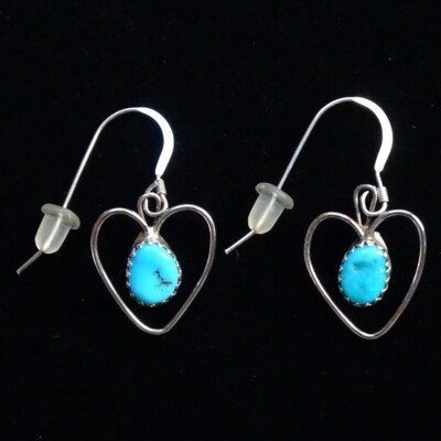 AGI Signed Southwestern Pierced Heart Dangle Earrings Sterling Silver Turquoise