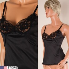    JC PENNEY Black Cami Tank Top Slip Silky Nylon Adjust Strap Lace 32/10