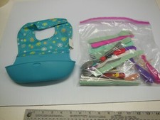 Large Lot of Child/Infant/Doll Silverware - Plastic  Metal w/ Cloth/Rubber Bib