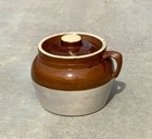 Vintage USA Marked Two Toned Glazed Pottery Bean Pot with Lid Single Handle — photo 1