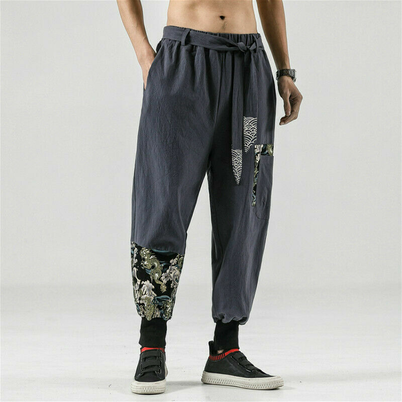 Men Chinese Kung Fu Pants Tai Chi Harem Bottoms Trousers Lace Up