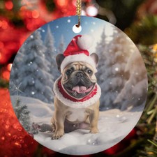 Cute French Bulldog Dog Santa Hat Snow Winter Christmas Ornament Gift Tree Decor