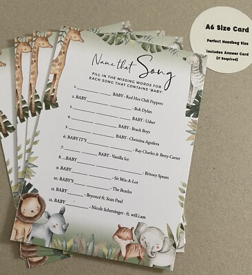 10 Name That Song Baby Shower Safari Thema Spielkarten - 3 für 2 auf alle Spiele