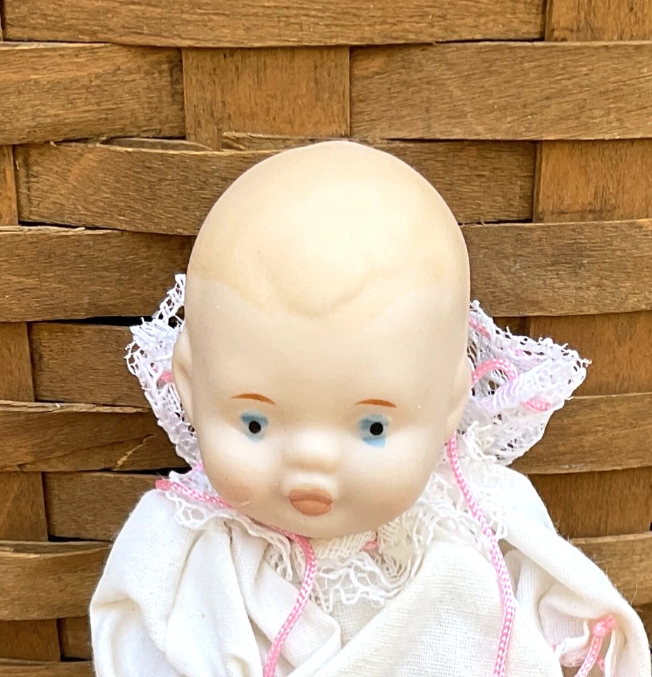 Hermosa muñeca bebé Shackman Bisque vintage de 5 pulgadas en caja - vestido original, azul Foto 2 de 4