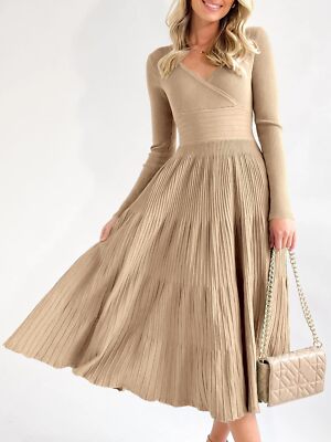 Women V Neck Sweater Dress Long Sleeve Pleated Flare Elegant Maxi Dress  Khaki XS | eBay