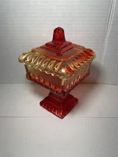 Vintage Jeanette Glass Red Yellow Amberina Pedestal Wedding Box Candy Dish & Lid