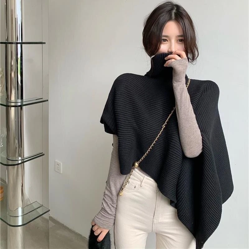 Womens Casual High Neck Sweater Cloak Asymmetric Loose Knitted Poncho Cape Tops