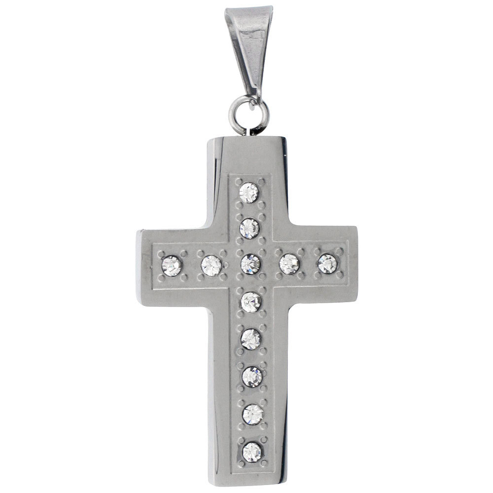 Stainless Steel Christian Cross Pendant w/ CZ Stones, Free Bead Ball Chain
