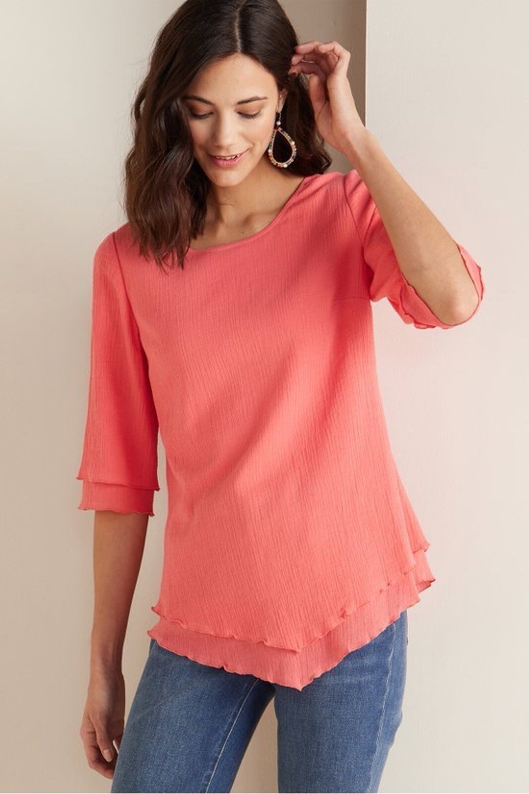 Soft Surroundings Asymmetrical Ruffled Coral Blou… - image 1