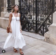 Zara White Crinkle Textured Tiered Long Maxi Sun Dress Size S 10 38 Summer Beach