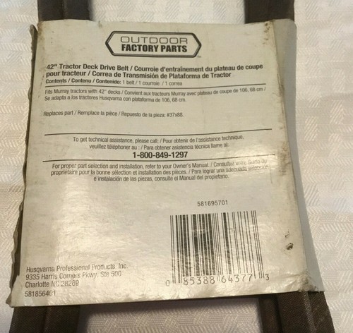 OEM Husqvarna Outdoor Factory Parts 42" Tractor Deck Drive Belt 581695701 - Picture 3 of 3
