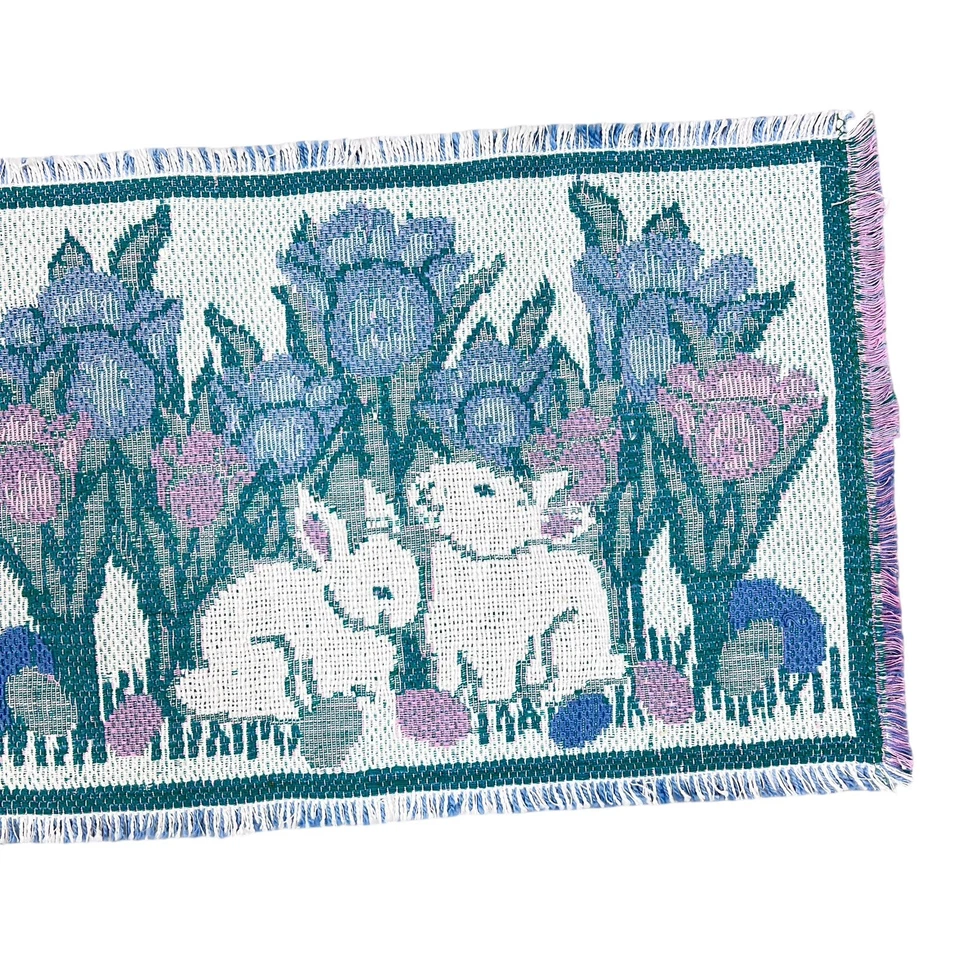 Vintage Easter Spring Tapestry Table Runner White Pink Blue Bunny Cottagecore - Image 2 of 4