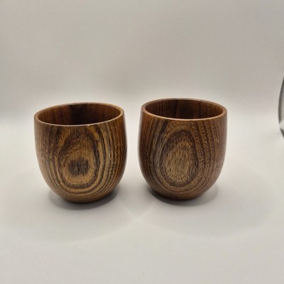 Pair of Turned Wooden Drinking Cups Mid Century Roly Poly Style Whiskey Barware