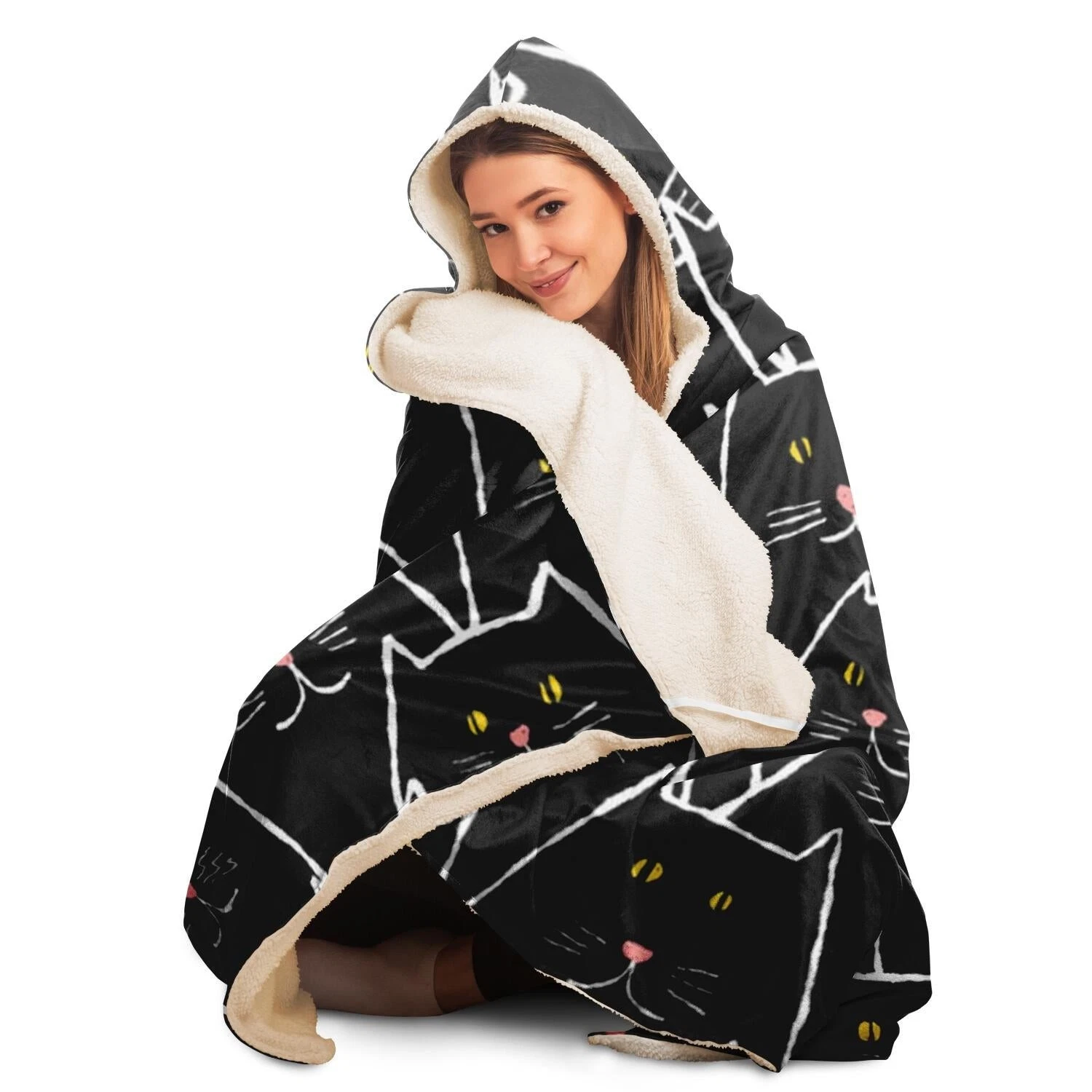 Cats Pattern Hooded Blanket for Halloween and Pet Lovers
