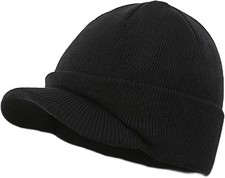 Mens Beanie with Brim Winter Hat Knitted Thick Fleece Visor Beanie with Bill ...