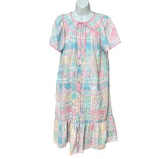 Vintage Floral House Dress Nightgown Pastel Pink Blue Medium Girly Grandmacore