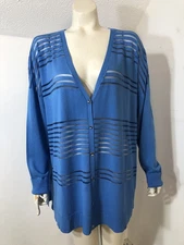 H by Halston New Womens XL Long Sleeve Cardigan Sweater V neck Light Blue Stripe