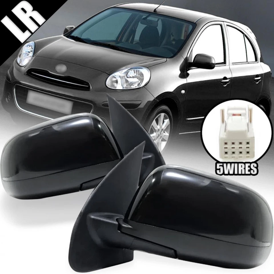 Side Mirror Black Electric 5 Wires Pair LR Fits 2011-2018 Nissan Micra March K13 - Image 2 of 4