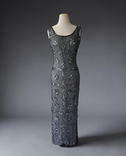 Vtg 90s Scala 100 Silk Gray Beaded Sequin Evening Gown Sz M Prom Y2k