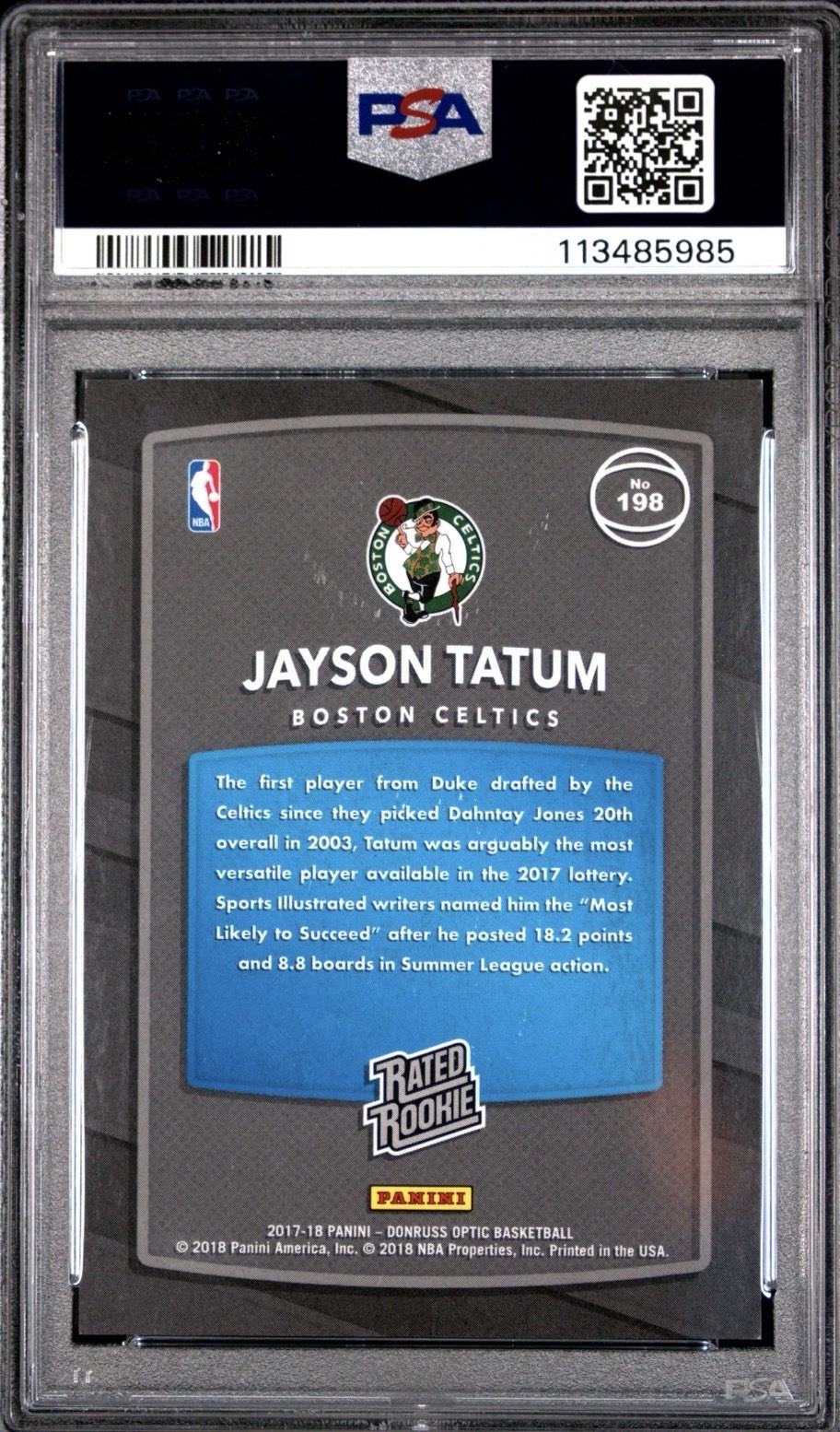 2017-18 Panini Donruss Optic Jayson Tatum RC #198 Rated Rookie Shock Prizm PSA 9 view 2