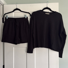 Zenana Women s Small 2-Piece Black Long Sleeve Shorts Set