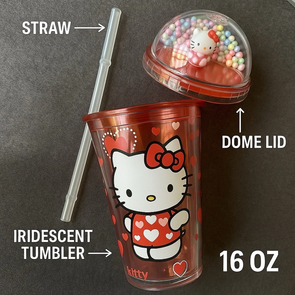Hello Kitty Tumbler Cup 16oz Cute Pink Dome Lid With Beads Straw Gift For Girls - Image 3 of 4