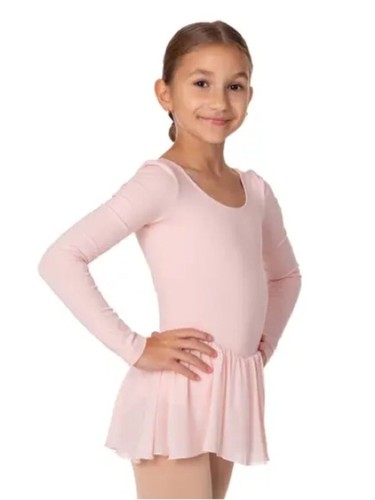 Bloch Light Pink Long-Sleeve Ballet Leotard with Layered Chiffon Skirt sz 6x 7