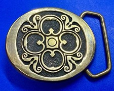 Brocade Pattern Floral Theme Hippy Vintage Solid Brass BTS Round Belt Buckle