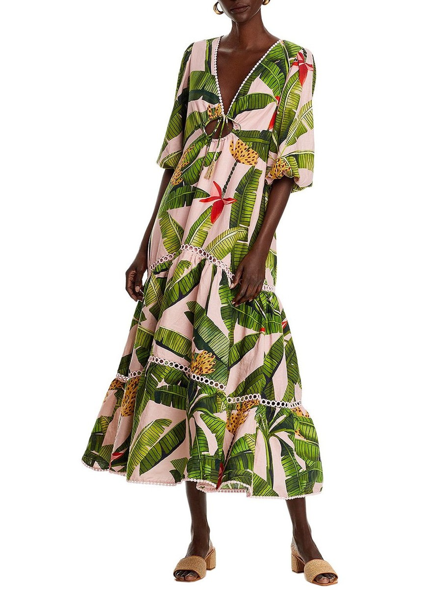 chinese dress ladies Pink Banana Leaves Sleeveless Maxi Dress  FARM Rio