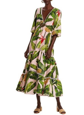 Farm Rio Womens Banana Leaves Tiered Maxi Dress X-Small Pink - NWT $285 |  eBay