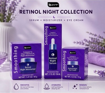 B Pure 3 Piece Set Retinol Night Collection Moisturizer, Serum, Eye Cream NIB