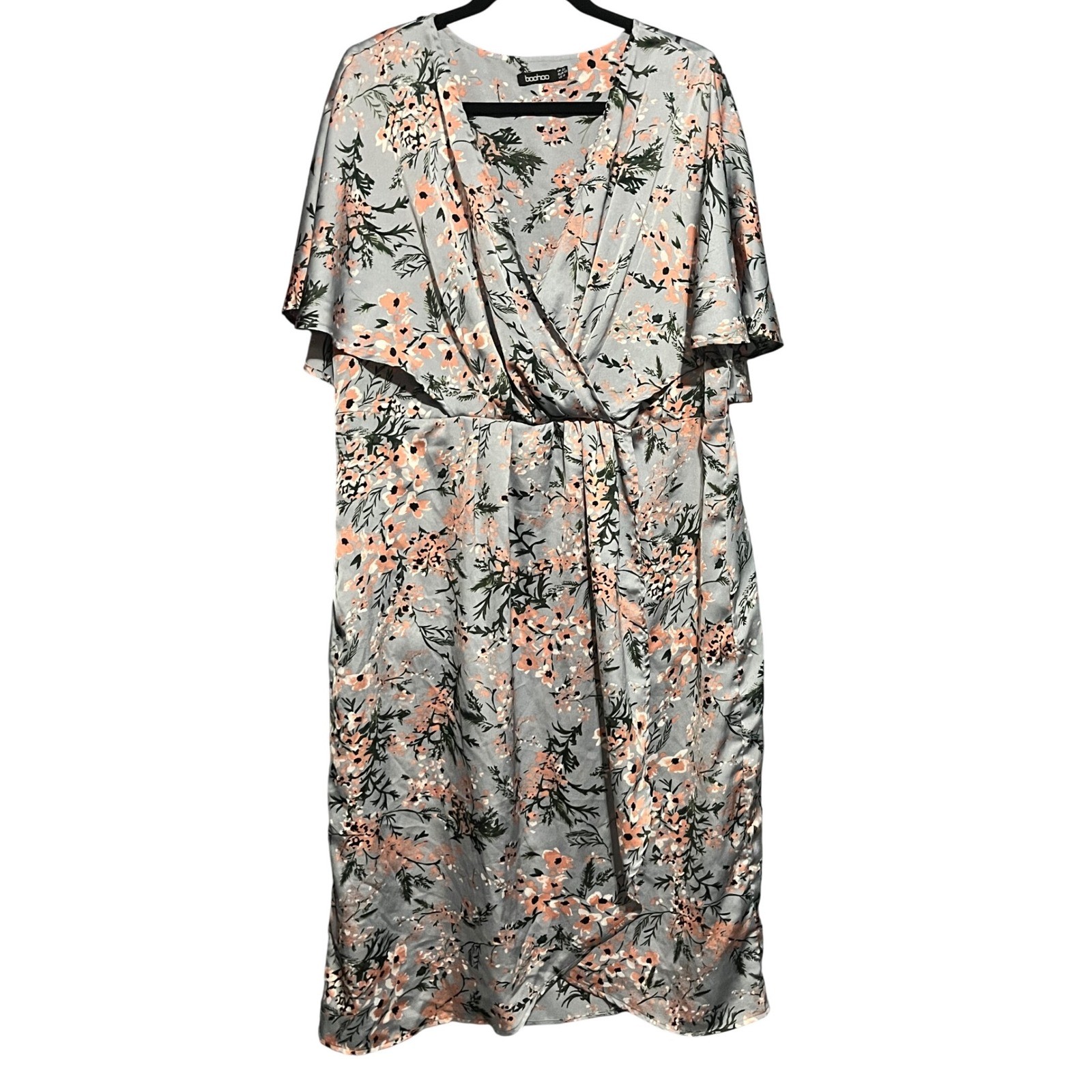 Boohoo Women's Blue Pink Floral V-Neck Flutter Sleeve Midi Dress US 18