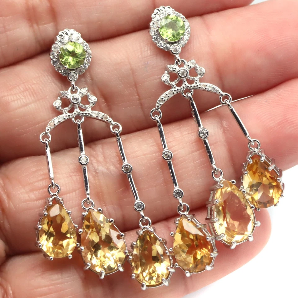 925 Sterlingsilber 8 x 12 Mm. Goldener Gelb Citrin, Peridot & Zirkonia Ohrringe - Bild 2 von 4