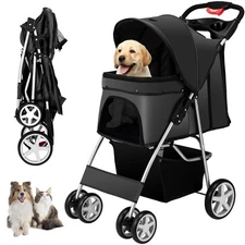 4 Wheels Pet Stroller for Small Medium Dogs Cats 10-33 lbs, Foldable Dog and ...
