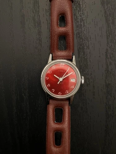 Vintage 1970s Timex Self-Wind Mechanical Automatic Red Dial Watch