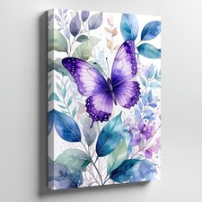 Wall Art Canvas a Watercolor Painting of a Butterfly Surrounded by Botanical