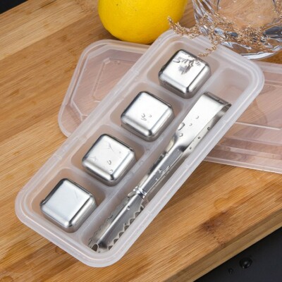 Set of 4 stainless steel bar whisky chiller stones with tong and case US Seller