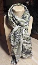 Oblong scarf or wrap; Roundy Bay tropical scene. sage, white, gray 44 x 61