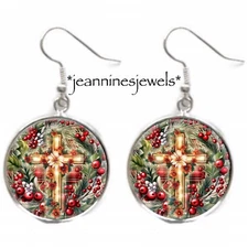 Cross Crucifix Earrings Christmas Holly Silver Charm Dangle Religious Gift