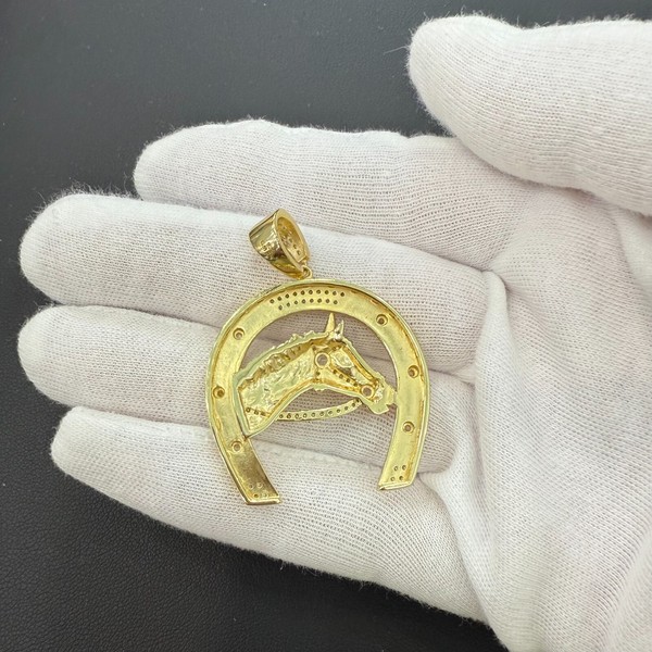 Alternate view of Horse Horseshoe Pendant 1.7" Gold‑plated 925 Sterling Silver Iced Bling Charm