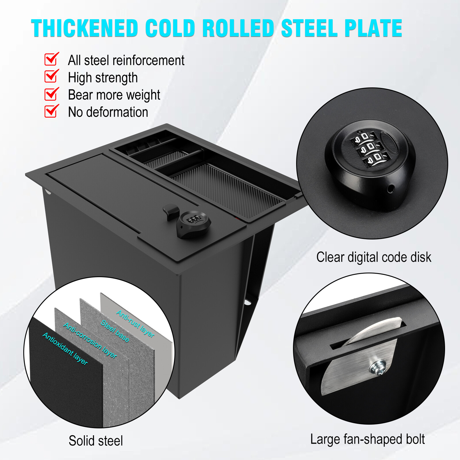 Hidden Car Gun Center Console Safe Box w/ Lock & LED For 2014-2021 Toyota Tundra