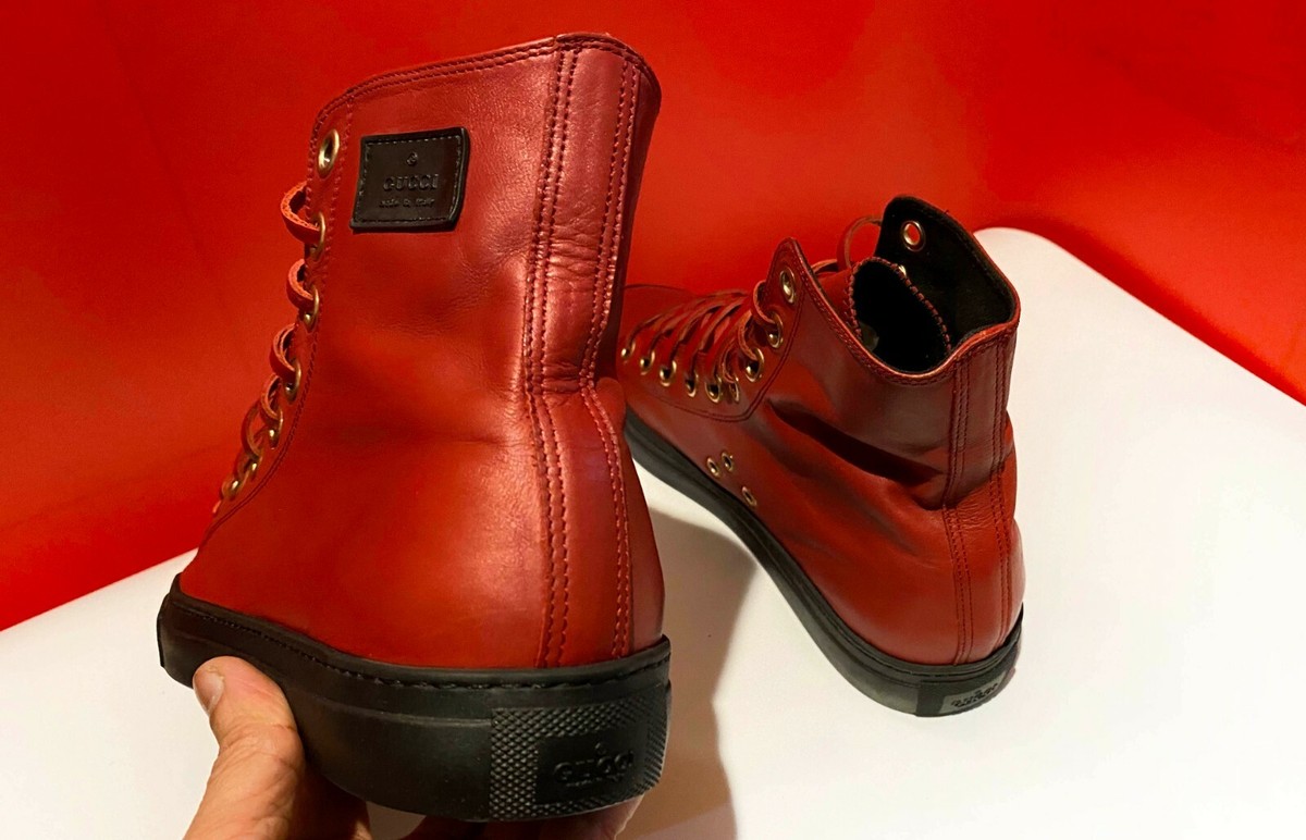 $889.00 !! GUCCI RARE LUXURY MEN'S RED HI TOP SNEAKERS SHOES
