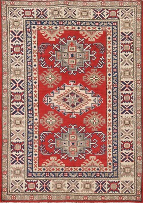 Geometric Super Kazak Red/ Ivory Oriental Accent Rug 3'x5' Wool Hand-knotted Rug