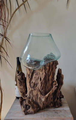 Große Schmelzglas auf Holz Schale/Handarbeit/Rustikal/Deko/Recyclingglas