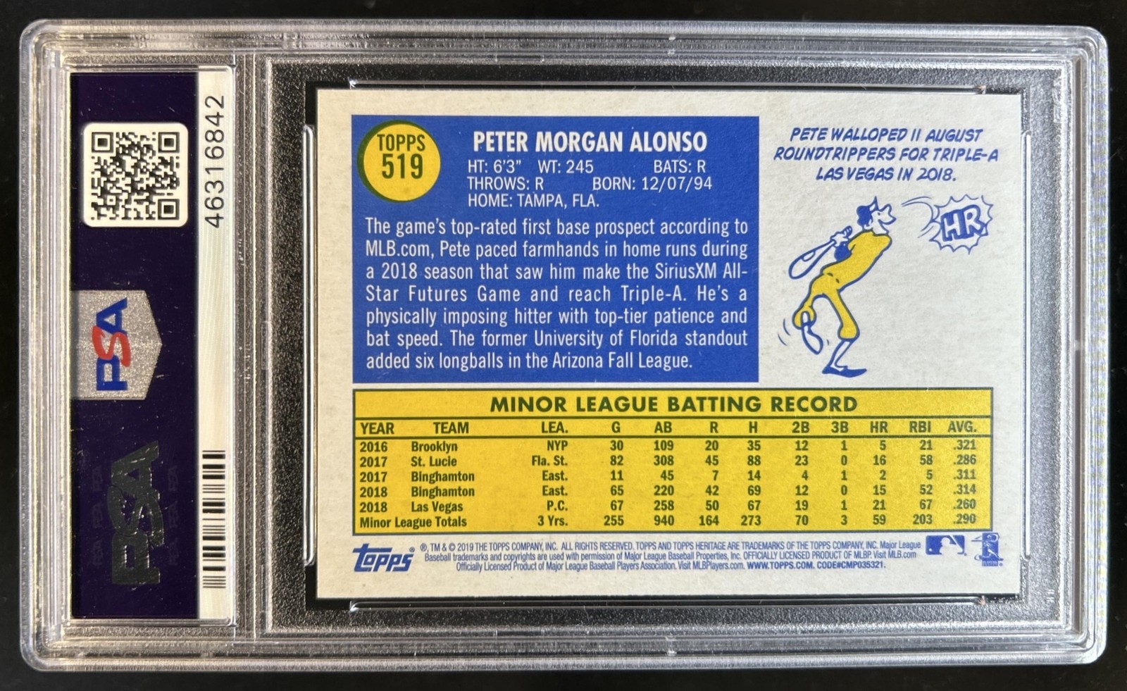 2019 Topps Heritage Pete Alonso RC Rookie #519 Mets PSA 9 view 2
