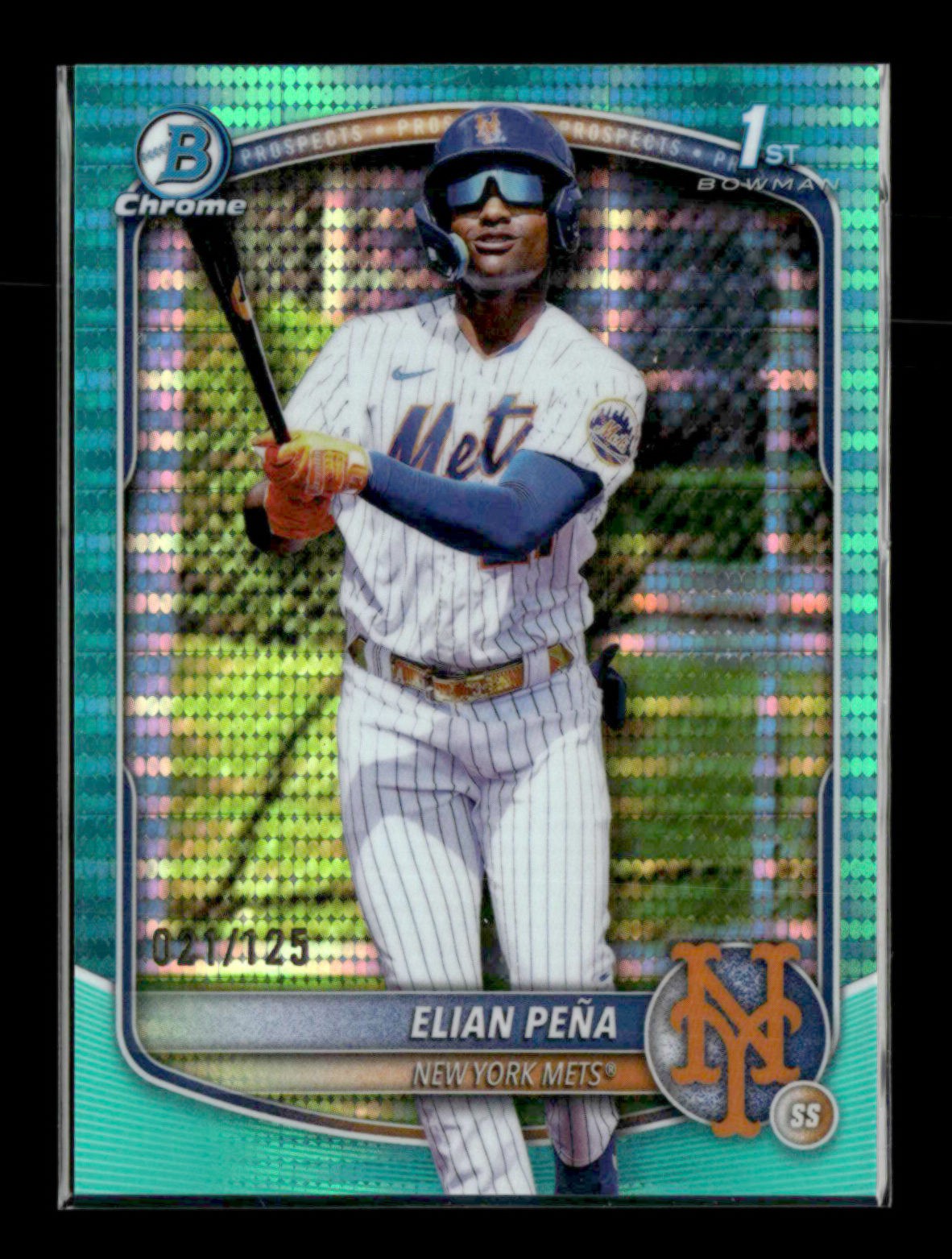 Elian Pena 2025 Topps Bowman Chrome 1st Bowman Prospects Aqua Pulsar 021/125