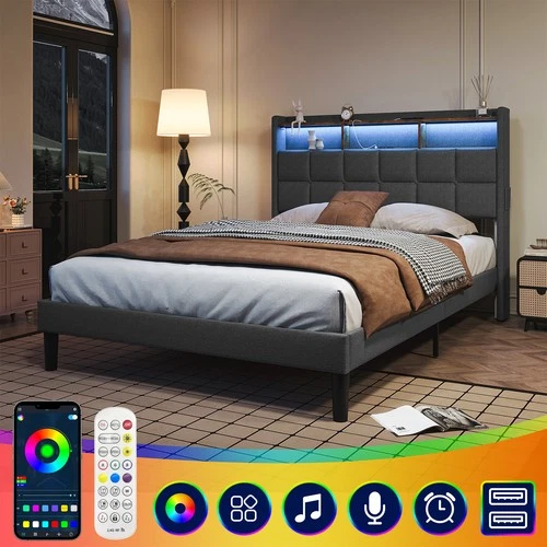 Polsterbett Doppelbett 140x200 cm Bett Bettgestell mit LED Licht /USB Lattenrost - Bild 37 von 40